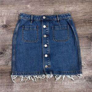 LOFT Outlet Button Front Blue Frayed Hem Denim Skirt, Size 2 Petite